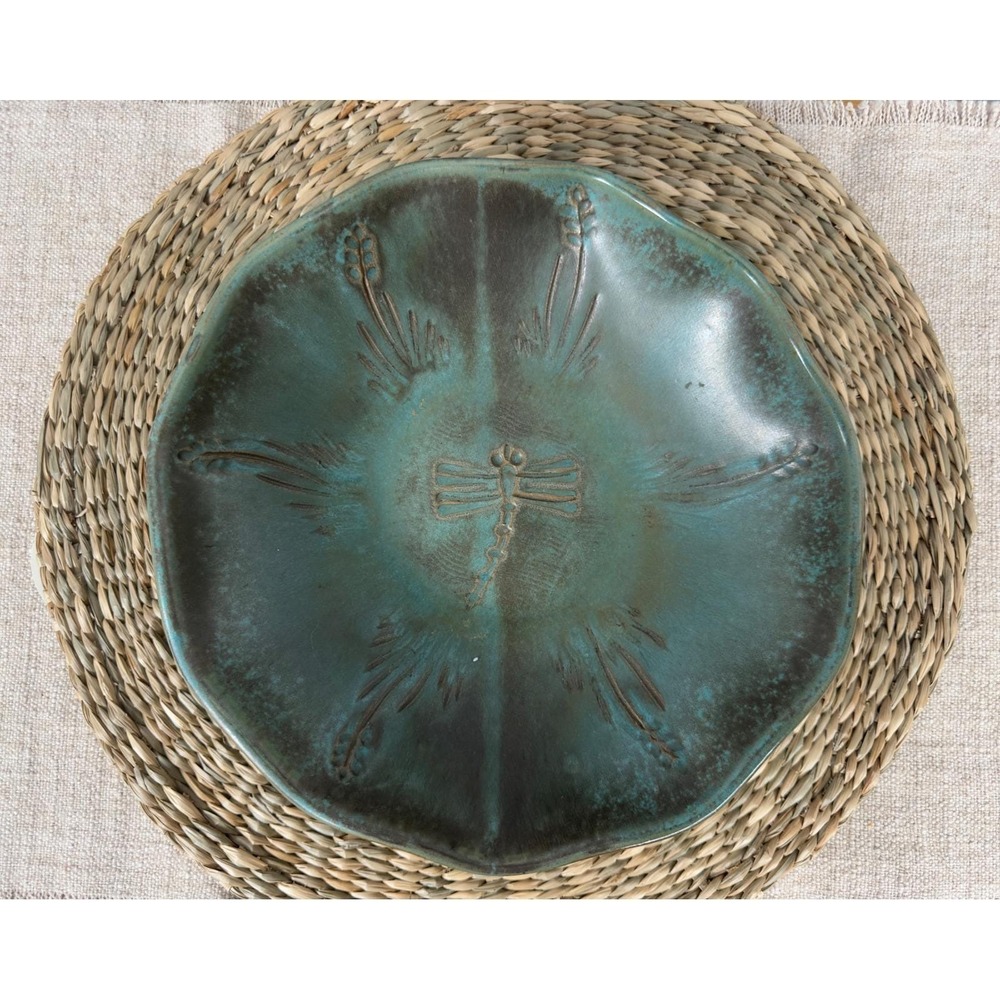 Jim Jenkins Studio Pottery Dragonfly Bowl Teal Glaze Handcrafted Signed 2001